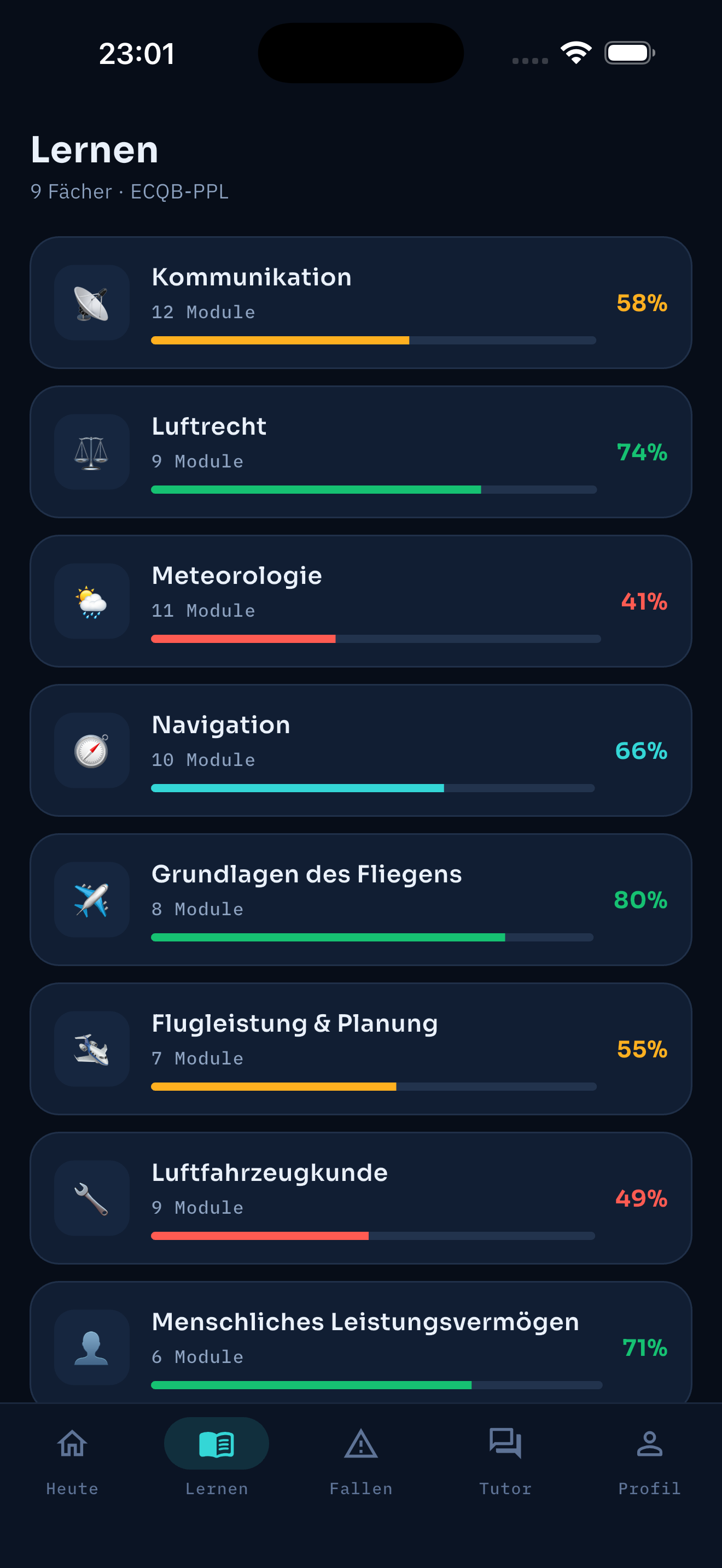 ExamWing auf dem Telefon: die Modulübersicht eines Sachgebiets